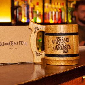 Кухоль для пива Teslyar "Once a viking always a viking" з дерева світлий 600 мл