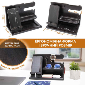 Модифицированная настольная подставкаорганайзер для телефона Teslyar из дерева ясеня (чорная)