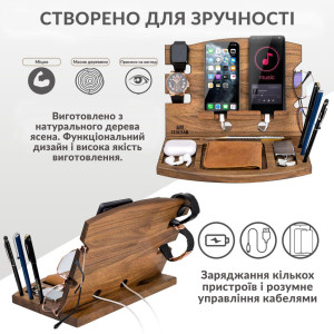 Подставка органайзер для 2-х телефонов или 1-го планшета Teslyar из дерева ореха