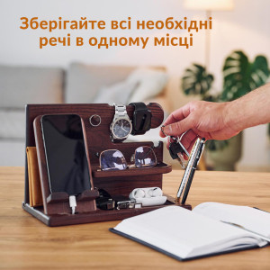 Настольная подставка органайзер для телефона Teslyar с разъемом под Apple Watch из дерева ясеня