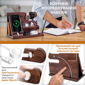 Настольная подставка органайзер для телефона Teslyar с разъемом под Apple Watch из дерева ясеня