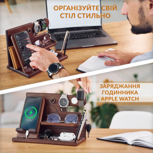 Настольная подставка органайзер для телефона Teslyar с разъемом под Apple Watch из дерева ясеня