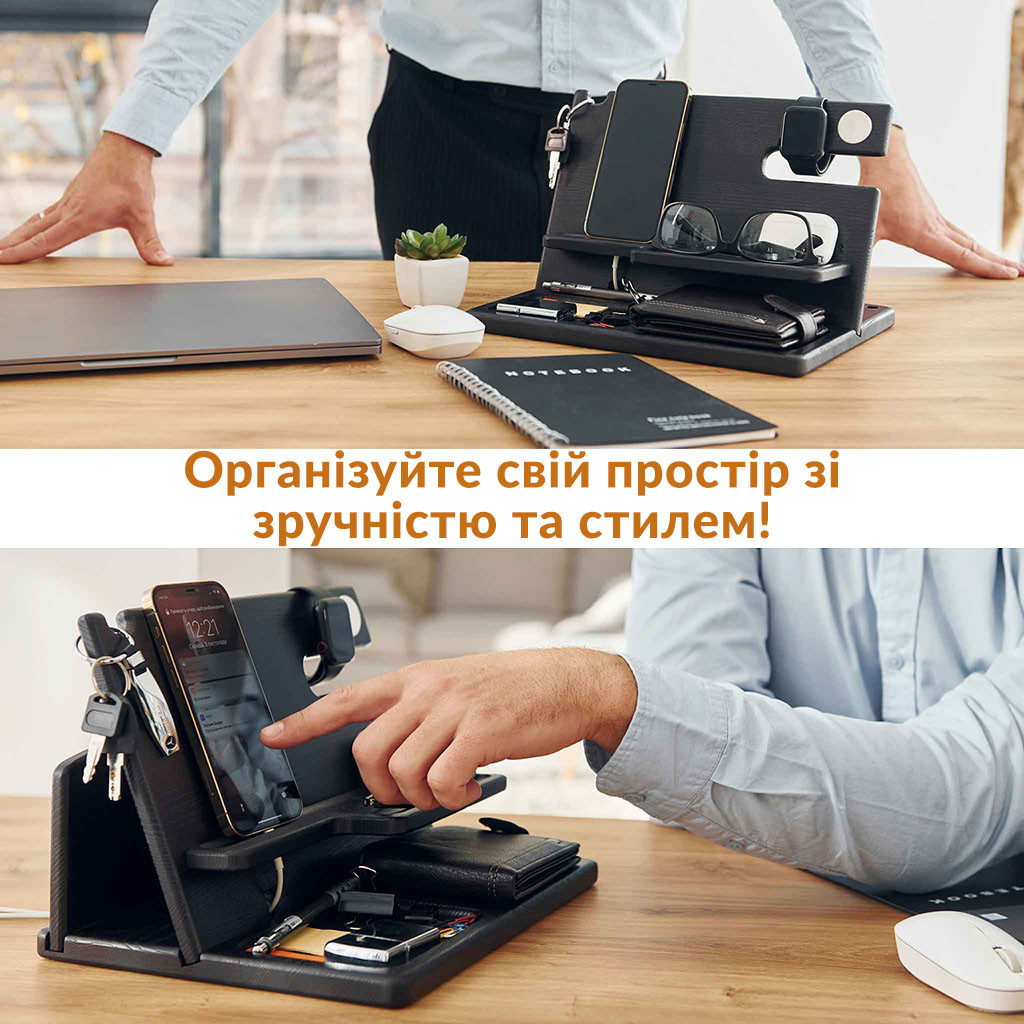 Преміальна дерев'яна док станція Teslyar для телефону, навушників, годинника (чорна)
