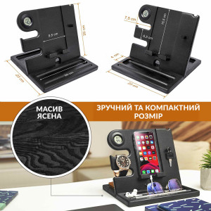 Настольная подставка органайзер для телефона Teslyar с гигрометром и термометром из дерева ясеня черная