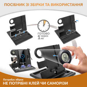 Настольная подставка органайзер для телефона Teslyar с гигрометром и термометром из дерева ясеня черная