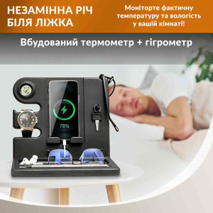 Настольная подставка органайзер для телефона Teslyar с гигрометром и термометром из дерева ясеня черная