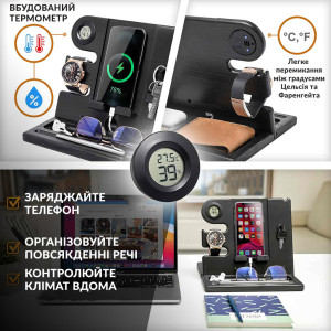 Настольная подставка органайзер для телефона Teslyar с гигрометром и термометром из дерева ясеня черная