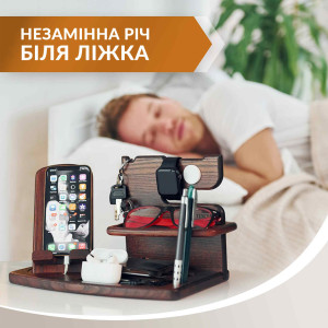 Подставка органайзер для телефона Teslyar с разъемом для часов из дерева (коричневая)