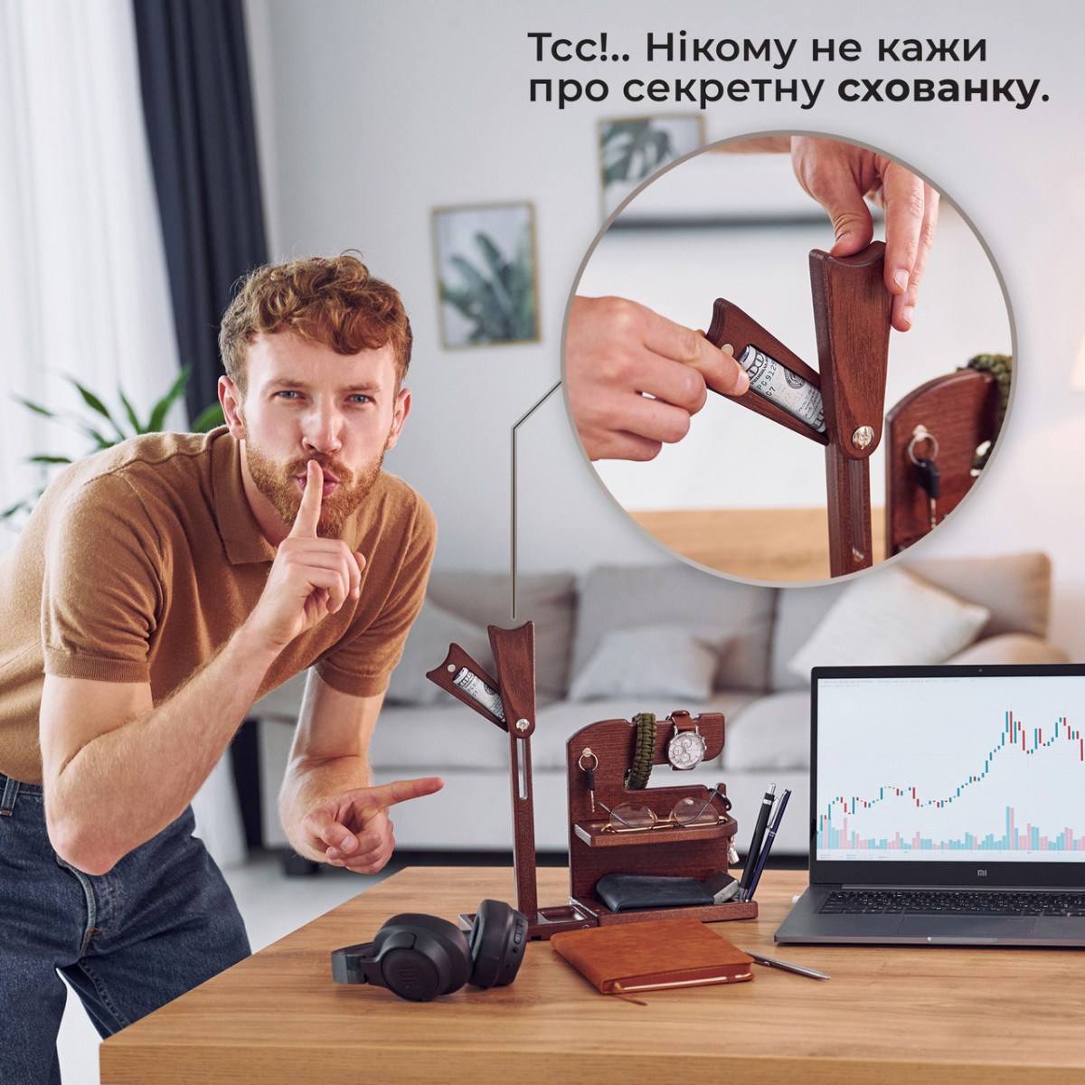 Настольный органайзер конструктор из модулей на магнитах Teslyar Стойка для наушников из дерева