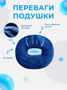 Ортопедическая подушка для сиденья под копчик без спинки со съемным чехлом гипоаллергенная 42х40х7 см синяя